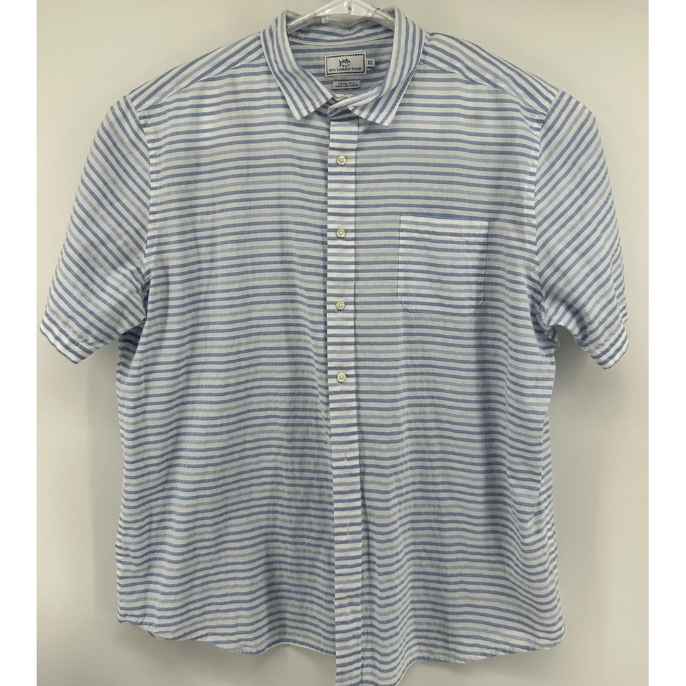 Southern Tide Trim Fit Short Sleeve Button Down Blue‎ White Striped Size 2XL